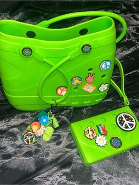 Bright Lime Green Jibbitz-Decorated croc Tote and Wallet with keychain